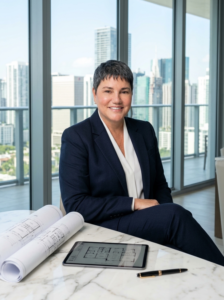 Elizabeth Luques en su sala privada de asesoría inmobiliaria en Brickell Miami