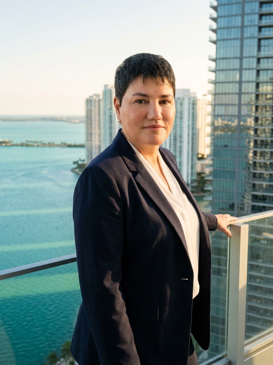 Elizabeth Luques en la terraza de un rascacielos en Brickell Miami